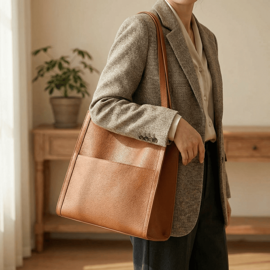 Side profile of casual purse showcasing comfortable shoulder straps