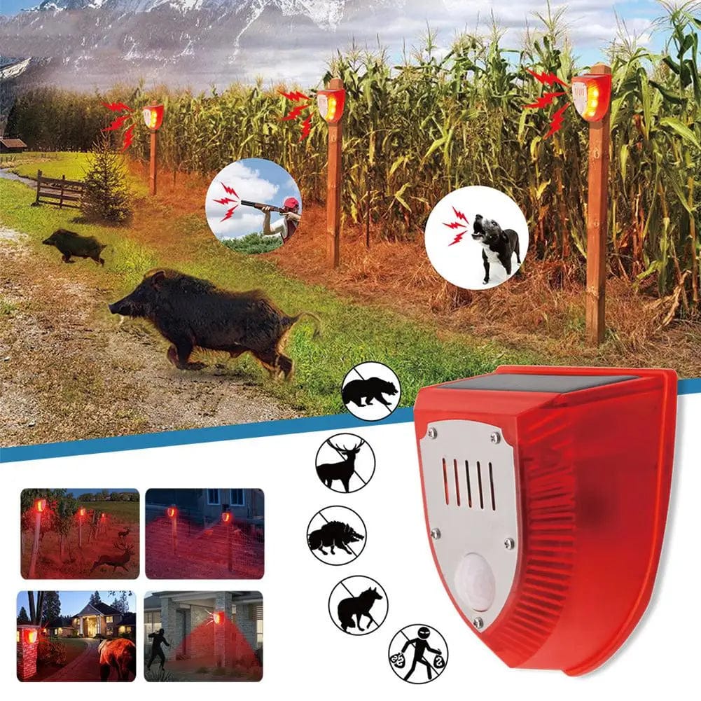 Solar animal repellent installed outdoors near a field detecting wildlife