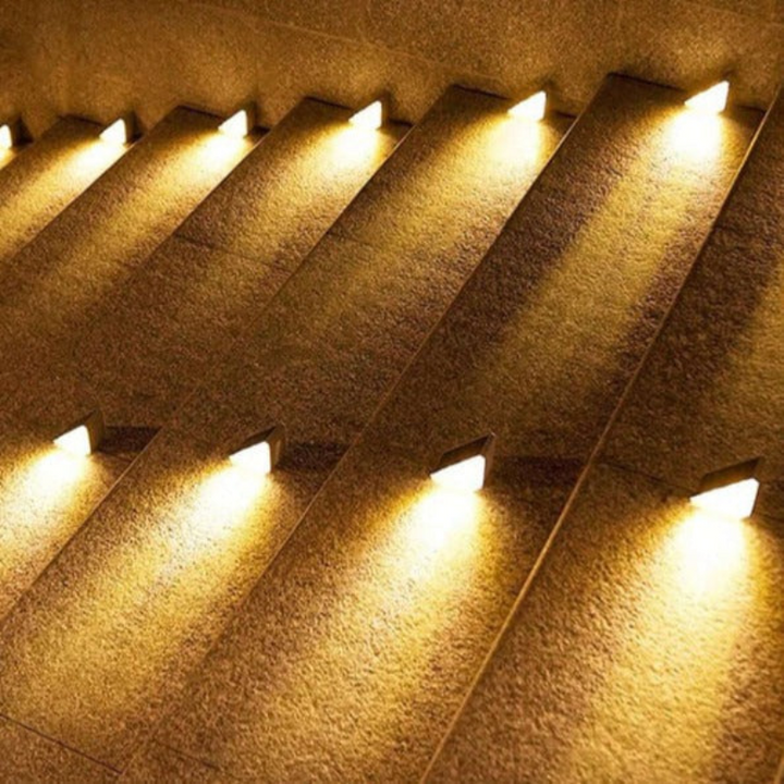 Close-up view of warm LED solar stair lighting on steps