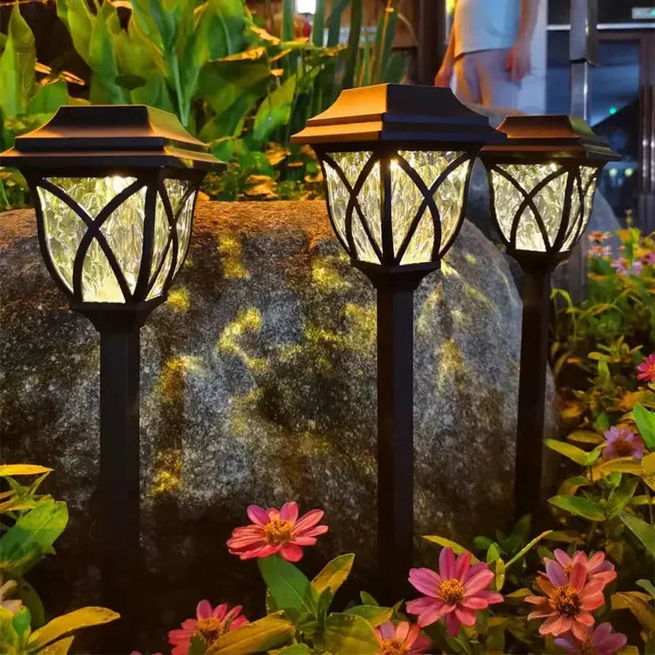 Solar garden lights glowing along a pathway surrounded by flowers at night