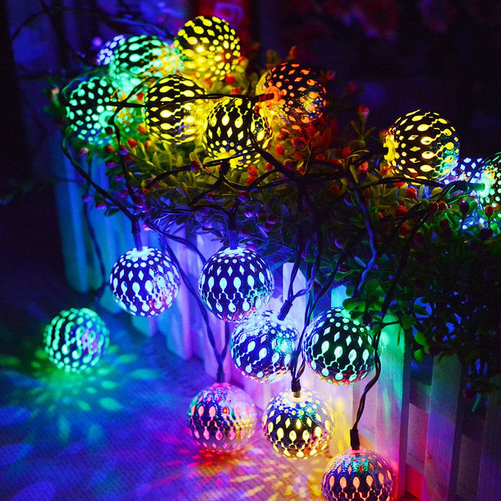 Detailed view of intricate metal globe solar garden lights garland