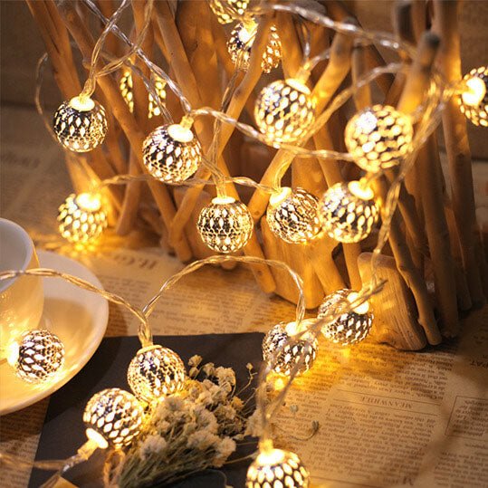 Close-up of decorative spherical lantern string lights with warm glow