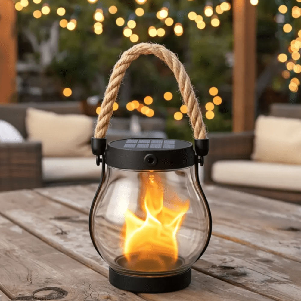 Solar hanging lantern with realistic flame effect on outdoor wooden table
