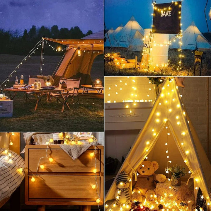 Solar LED string lights glowing softly for outdoor garden decor and patios