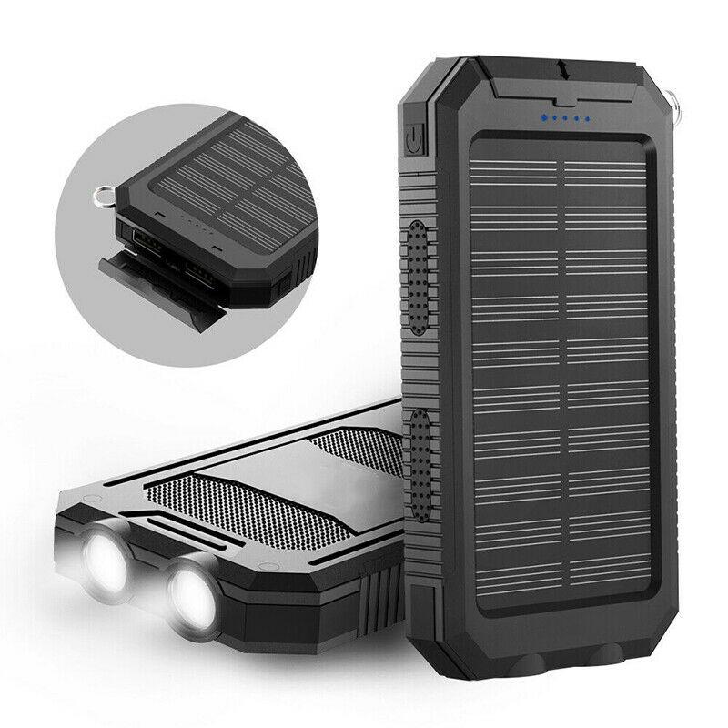Black solar power bank showing solar panel and dual LED flashlights