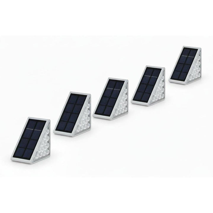 Five triangular solar-powered outdoor lights arranged diagonally on a white background