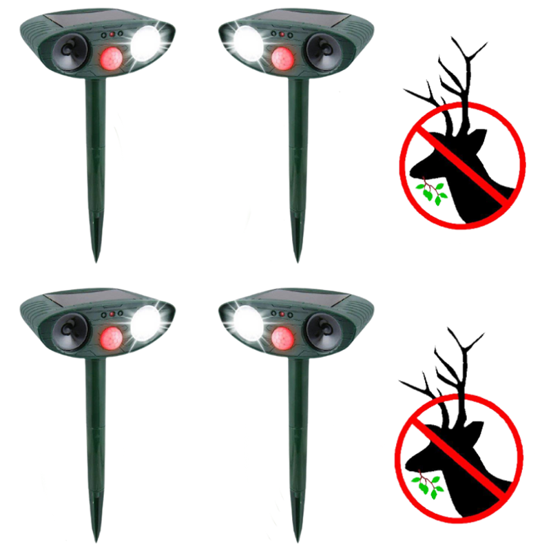 Four green solar ultrasonic deer repellers shown with stop signs against deer