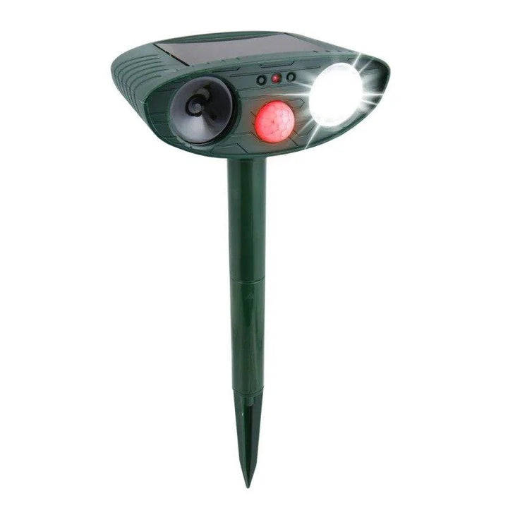 Single green solar-powered ultrasonic pest repeller stake with motion sensor