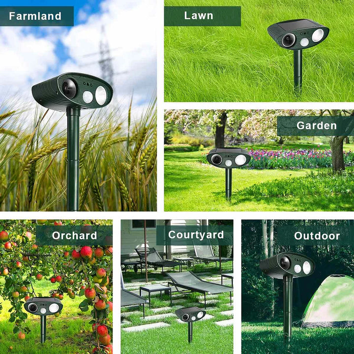 Solar ultrasonic deer repeller unit installed in a garden for outdoor pest control