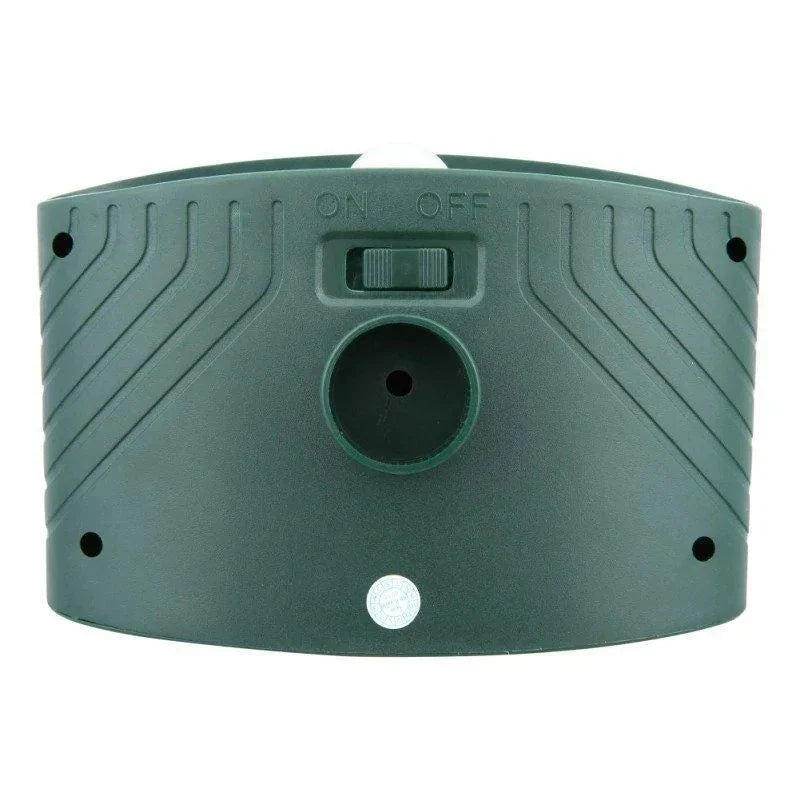 Close-up of ultrasonic pest control sensor on a weather-resistant outdoor stake