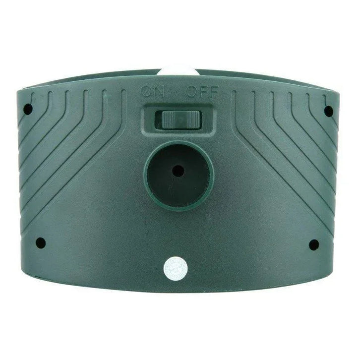 Close-up of ultrasonic pest control sensor on a weather-resistant outdoor stake