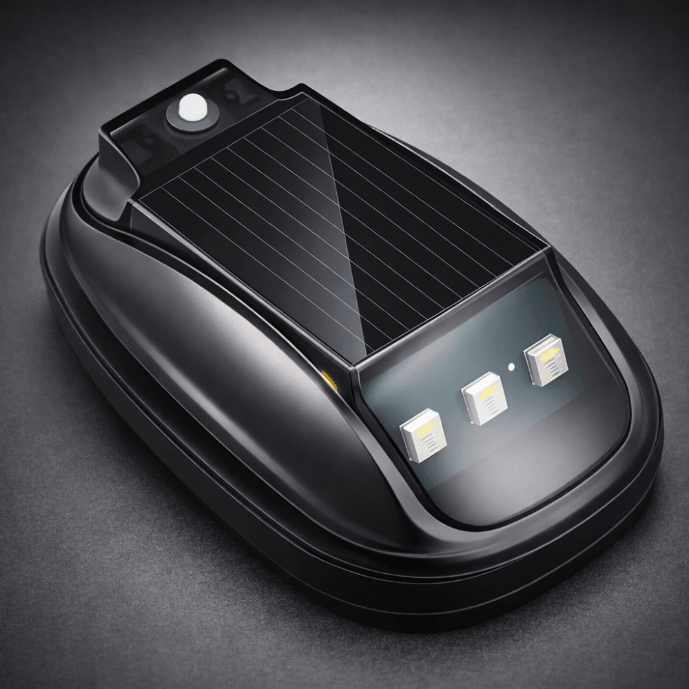 Close-up view of the black solar rock light unit showing the solar panel and control buttons.