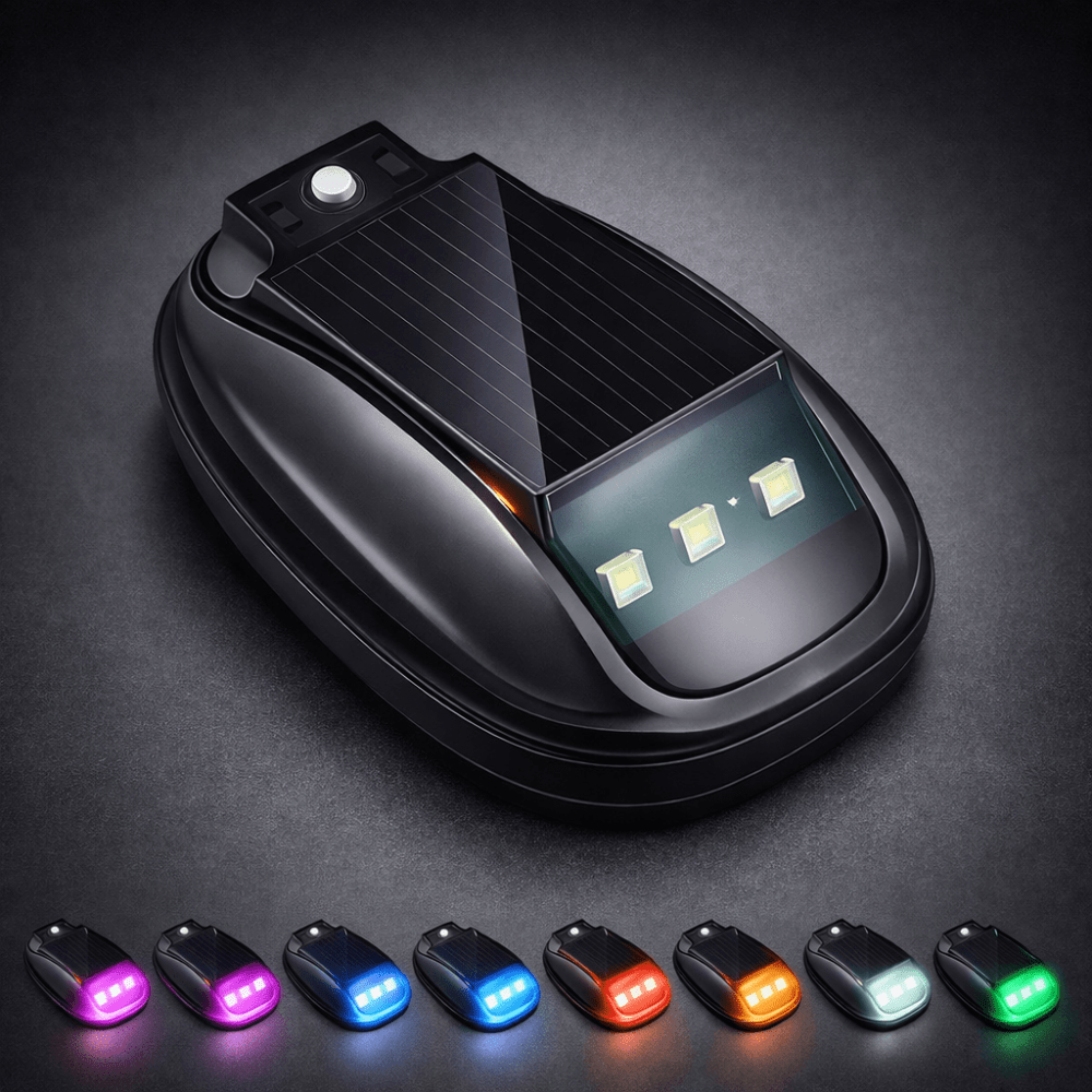 Solar rock light displayed alongside samples of its eight vibrant LED color options.