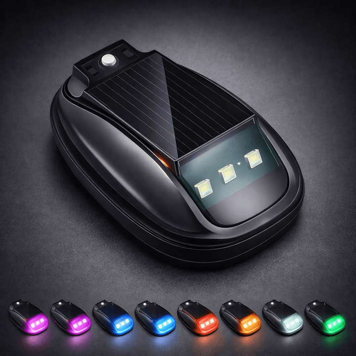 Solar rock light displayed alongside samples of its eight vibrant LED color options.