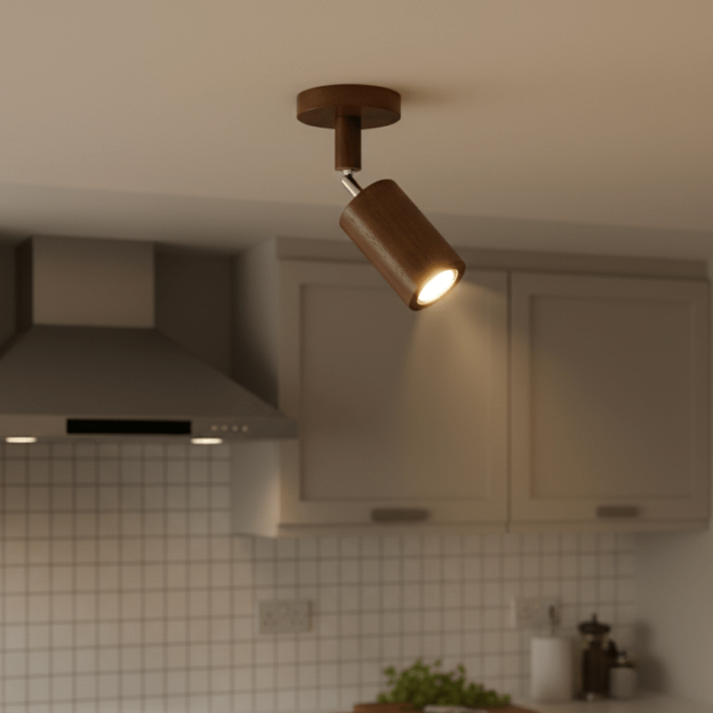 Adjustable solid wood LED ceiling lamp in walnut finish mounted on kitchen ceiling
