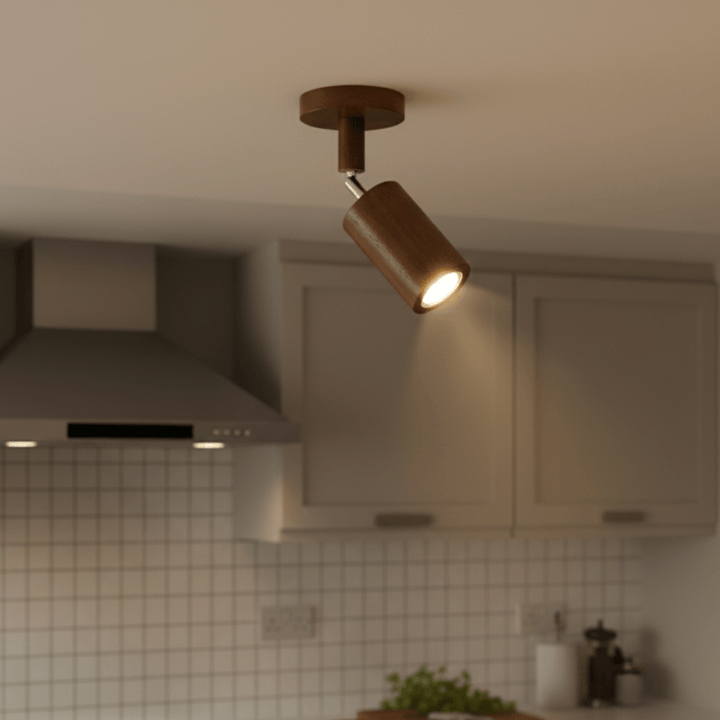 Adjustable solid wood LED ceiling lamp in walnut finish mounted on kitchen ceiling