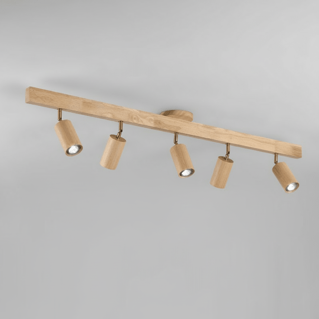 Detailed shot of the adjustable joint on the wooden spotlight for flexible positioning