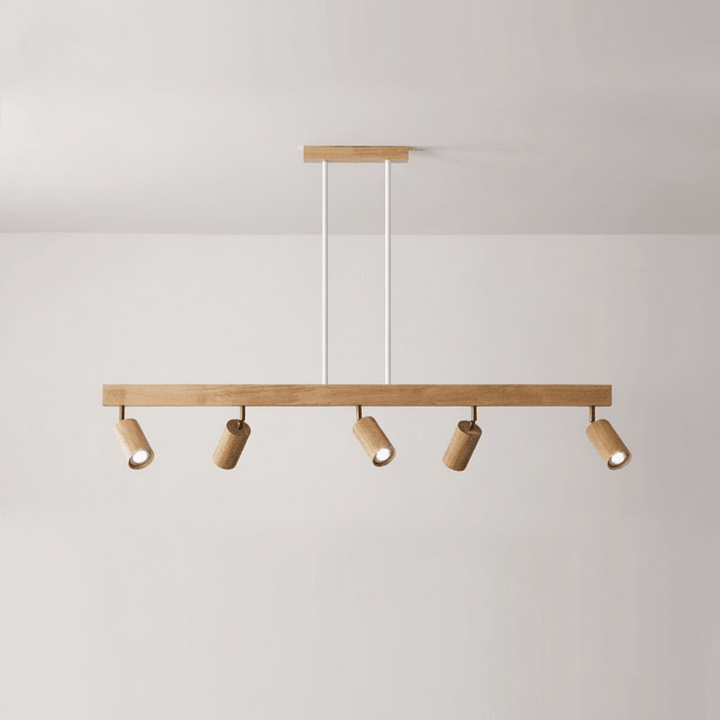 Energy-efficient LED wooden light fixture glowing softly in a stylish dining room