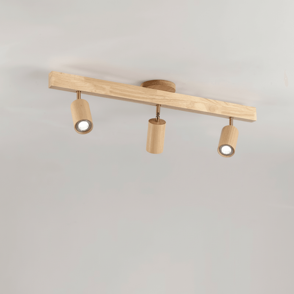 Angle view of walnut lighting fixture highlighting sleek cylindrical shape and metal accents