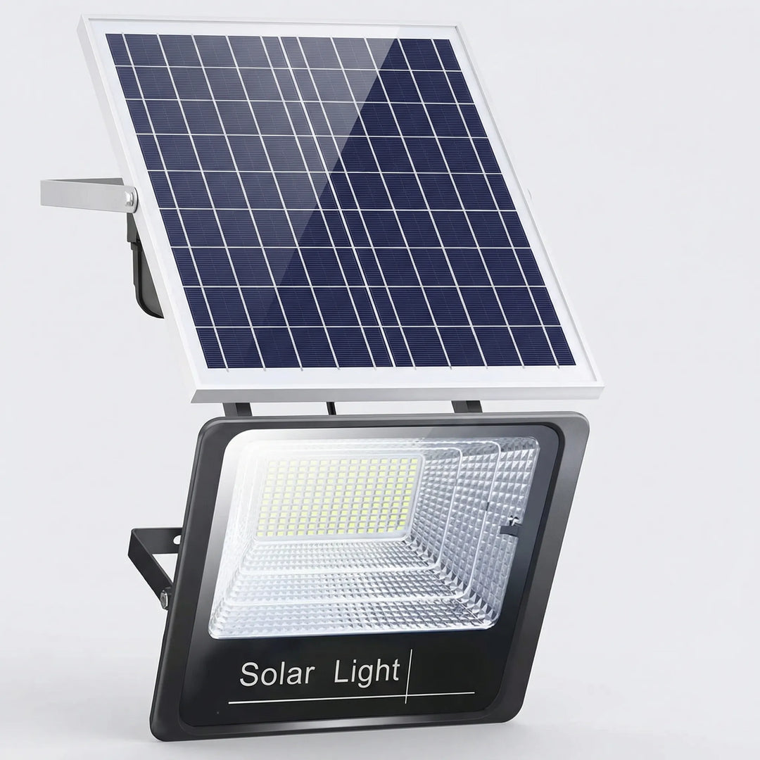 Black solar-powered outdoor LED flood light with attached solar panel on a white background