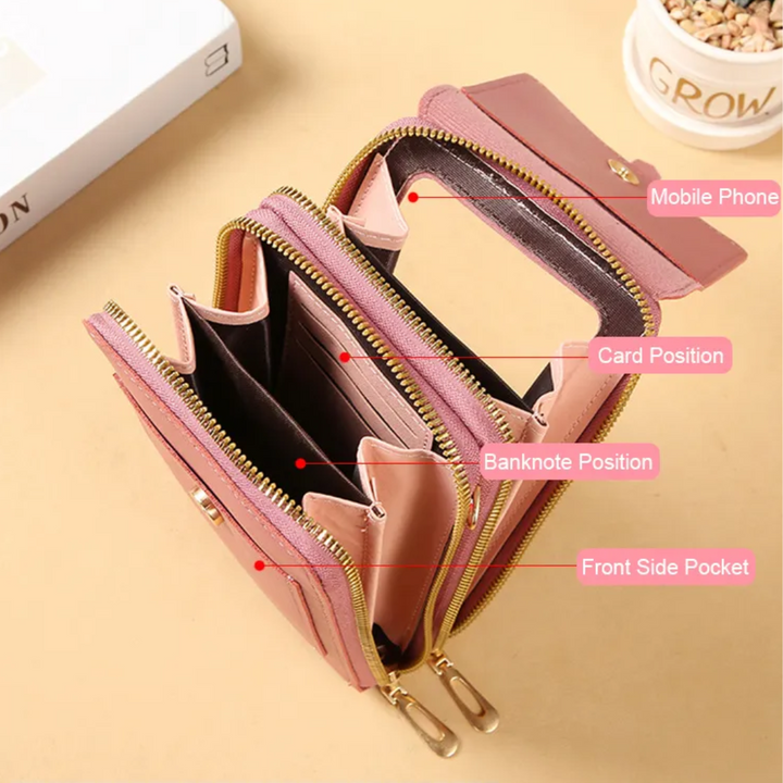 Open phone pouch revealing card slots and cash compartments