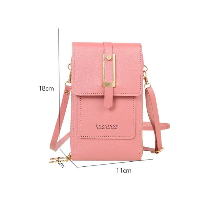 Side view of small shoulder bag and travel purse with adjustable strap
