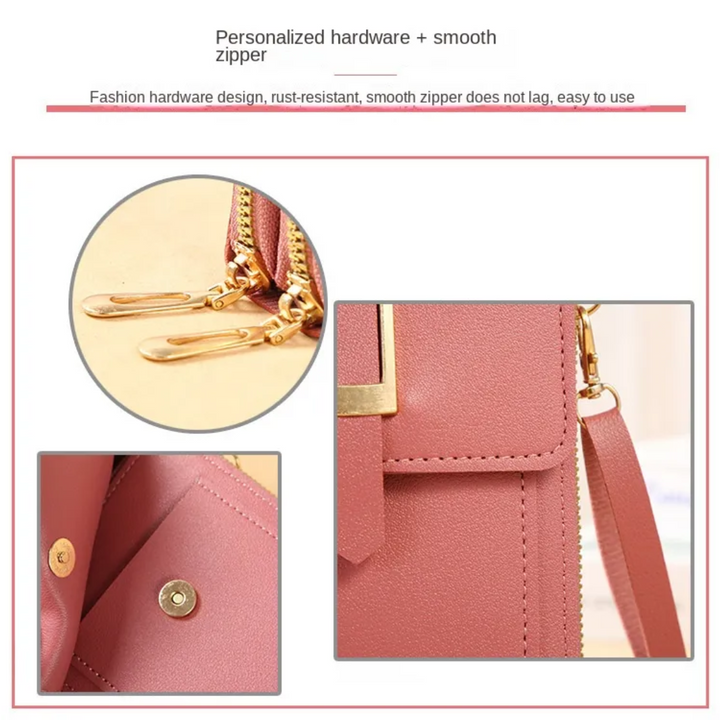 Close-up view of golden zipper pulls, interior snap button pocket, and flap closure details in pink.
