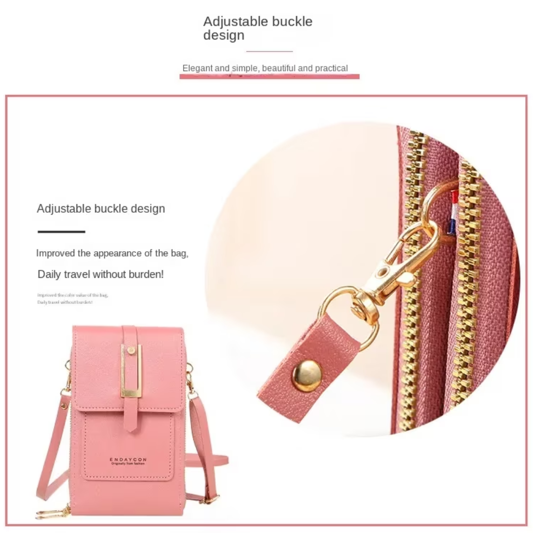 Pink women's crossbody phone wallet featuring an adjustable buckle design and gold hardware clasp.