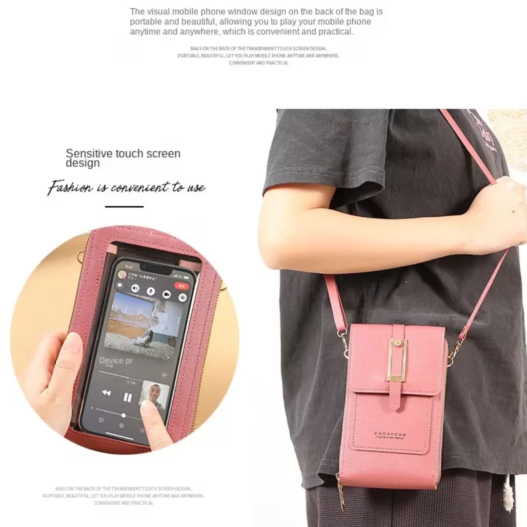 Womens crossbody phone wallet bag showing front pocket and snap closure