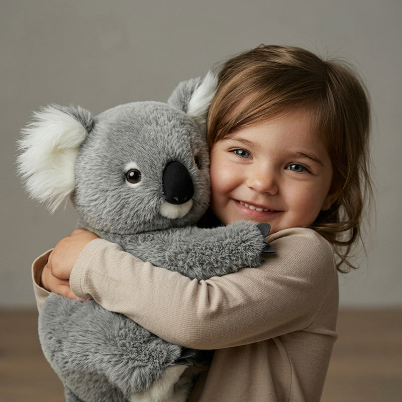 Young child happily hugging the soft weighted koala plush toy