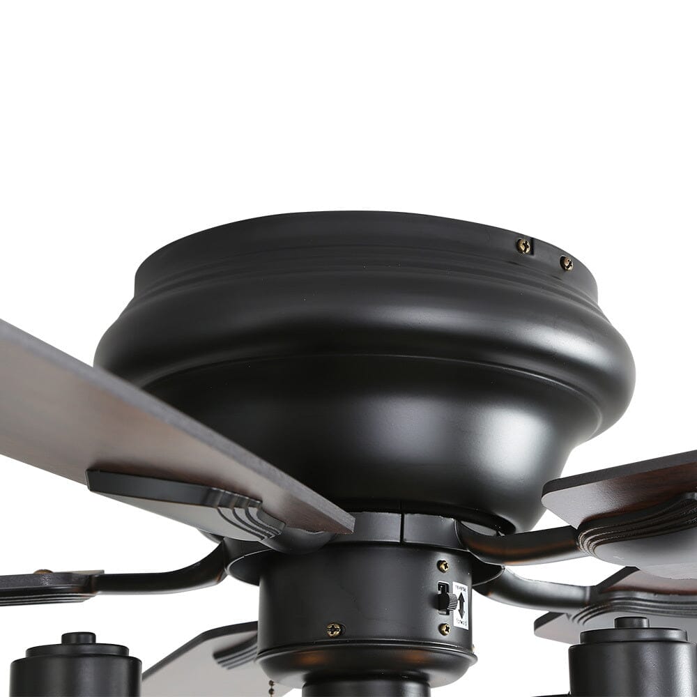 Flush mount ceiling fan and LED light controlled by a sleek handheld remote