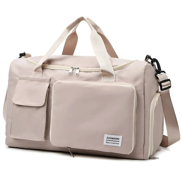 Traveler wearing the unisex waterproof duffel bag over the shoulder