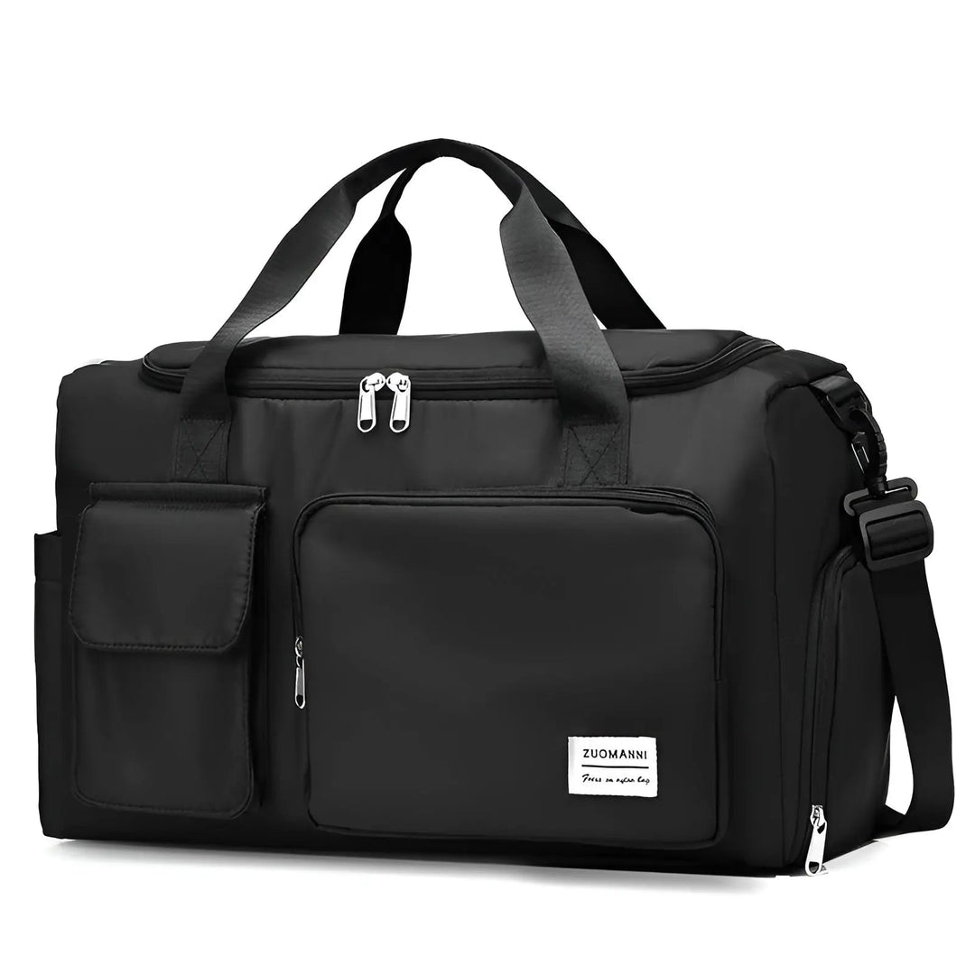 Gym duffel bag being placed into an overhead airplane storage bin