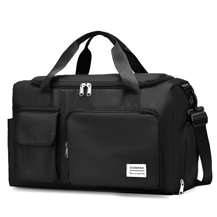 Gym duffel bag being placed into an overhead airplane storage bin