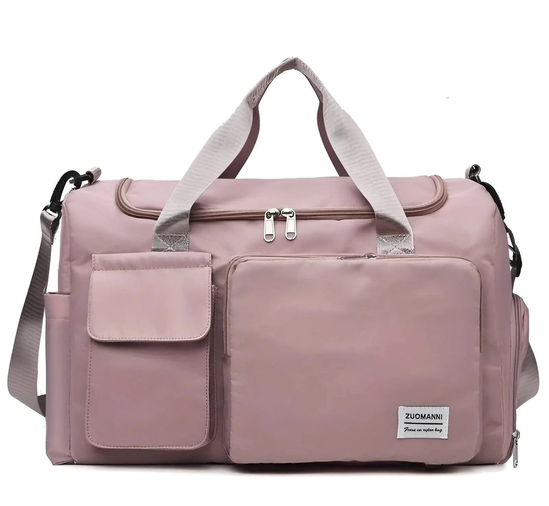 Organized packing cubes inside the large capacity gym duffel bag