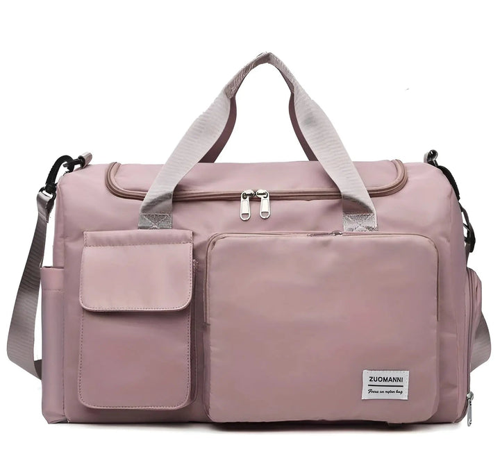 Organized packing cubes inside the large capacity gym duffel bag