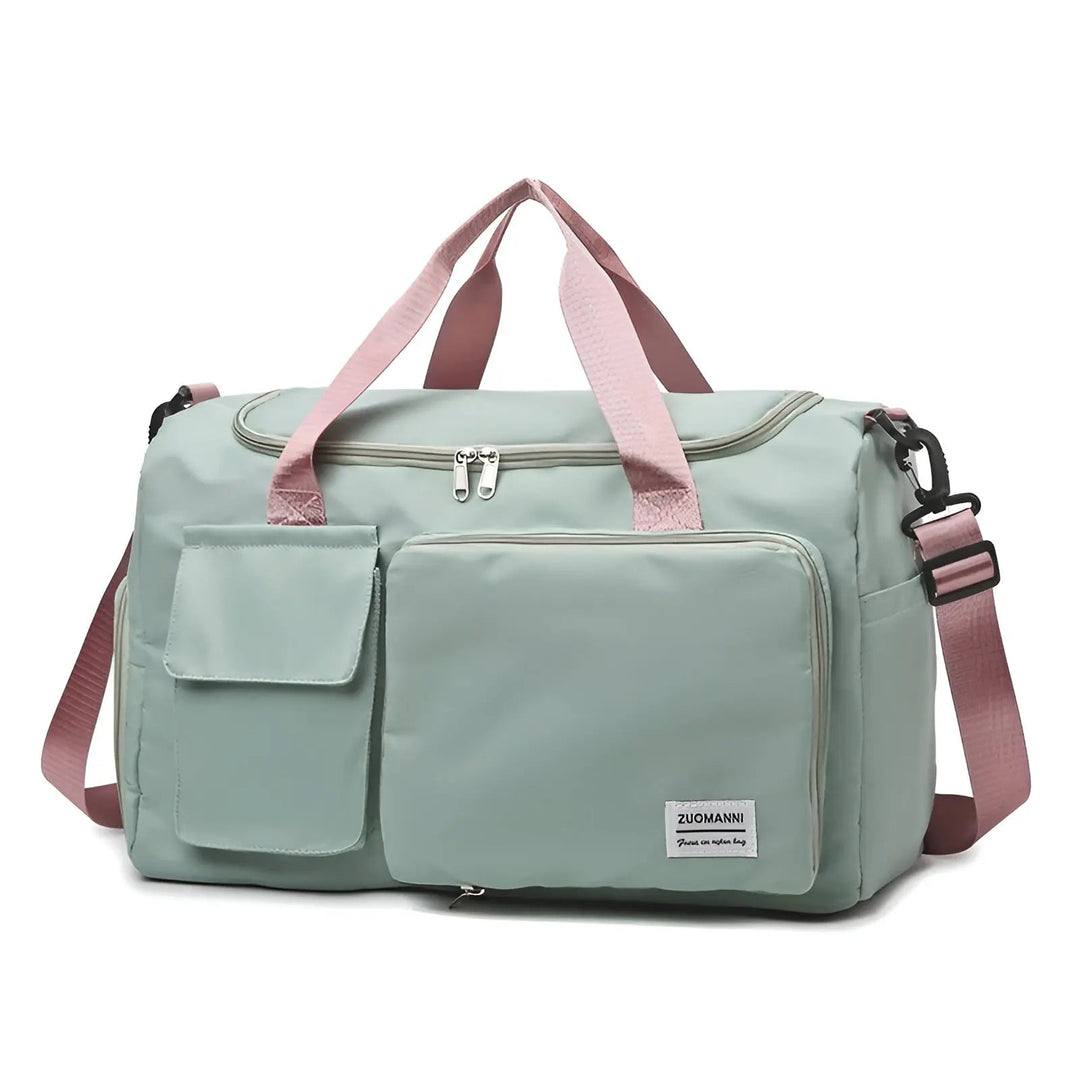 Close up of waterproof fabric and sturdy buckle on travel bag