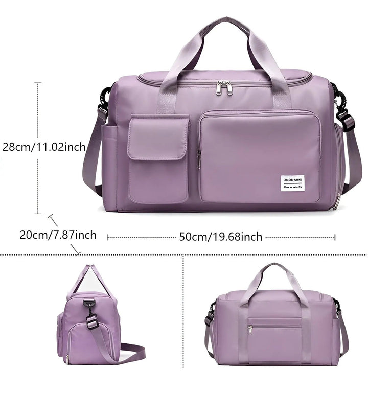 Travel duffel bag dimensions and multi-angle product overview