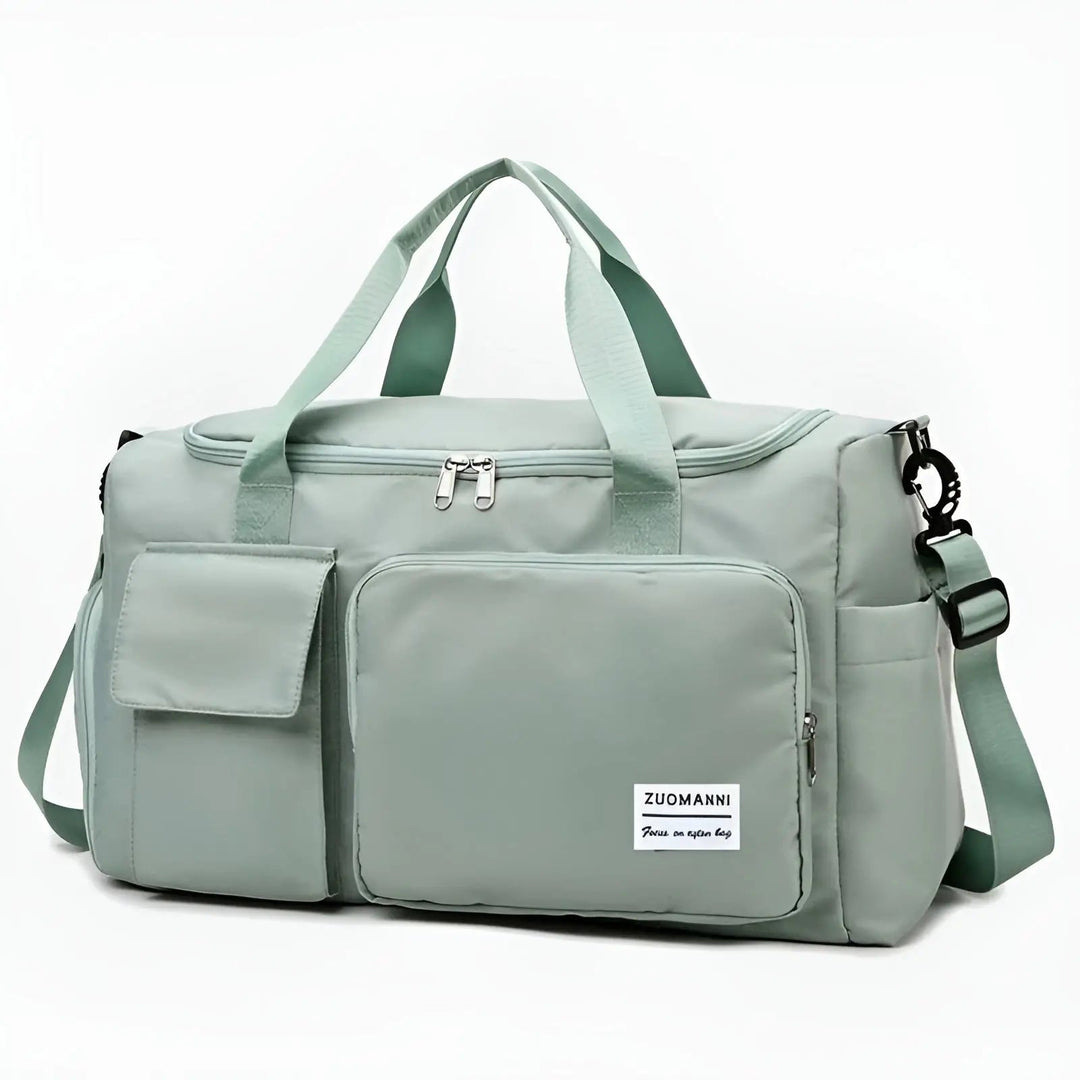 Unisex waterproof travel duffel bag in black showing front side