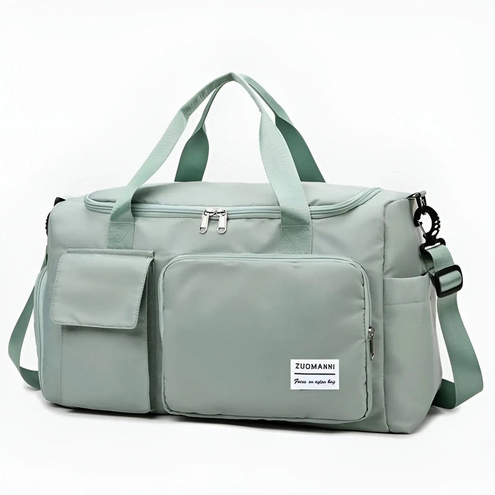 Unisex waterproof travel duffel bag in black showing front side