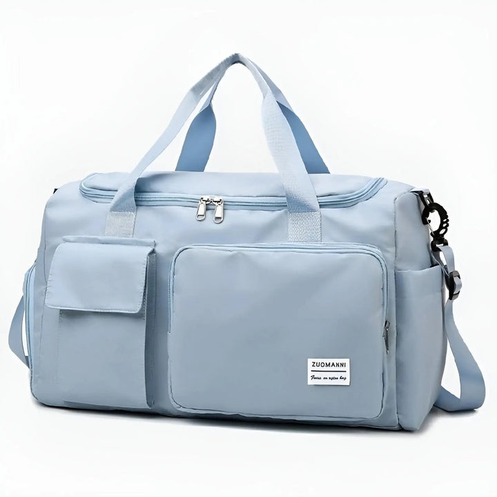 Light blue travel duffel bag front view