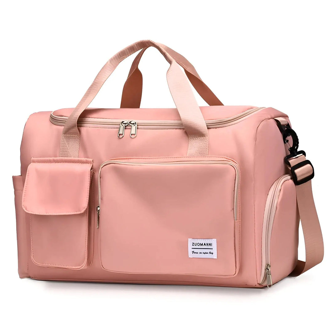 Waterproof weekend travel bag resting on a modern hotel luggage rack