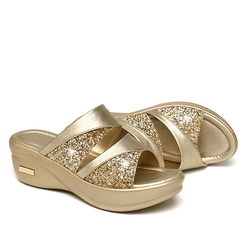 Women's gold orthopaedic wedge sandals with supportive arch design