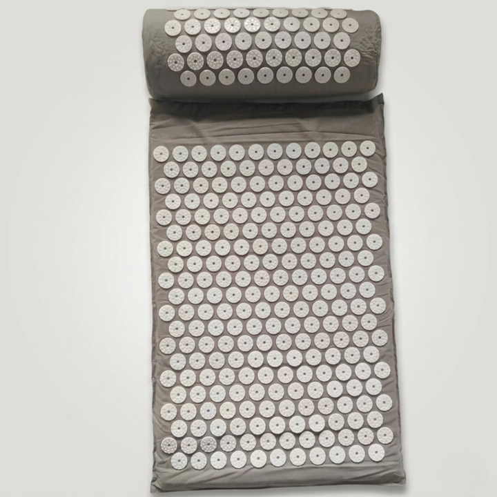 Spikelyn dark grey acupressure therapy mat and roll pillow top view