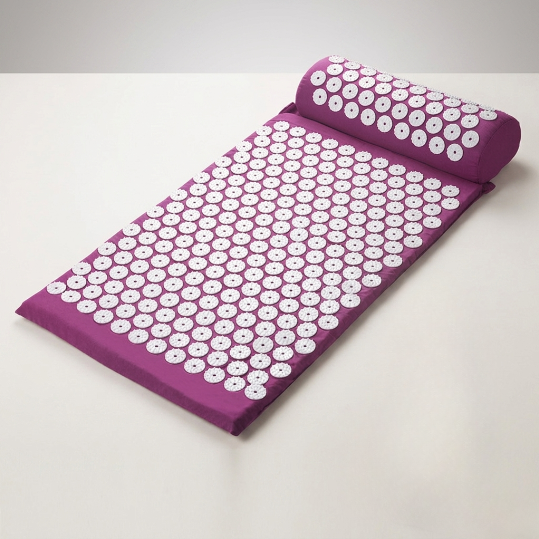 Person lying comfortably on therapeutic acupressure mat for back and shoulder muscle relaxation