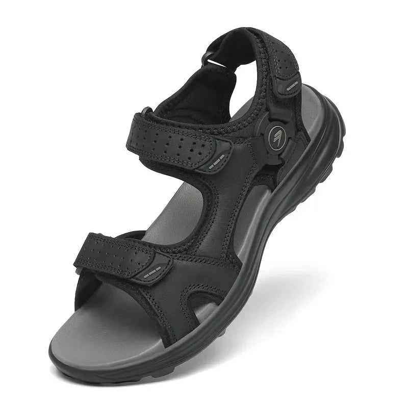 Comfortable mens walking sandals on feet outdoors during a hike