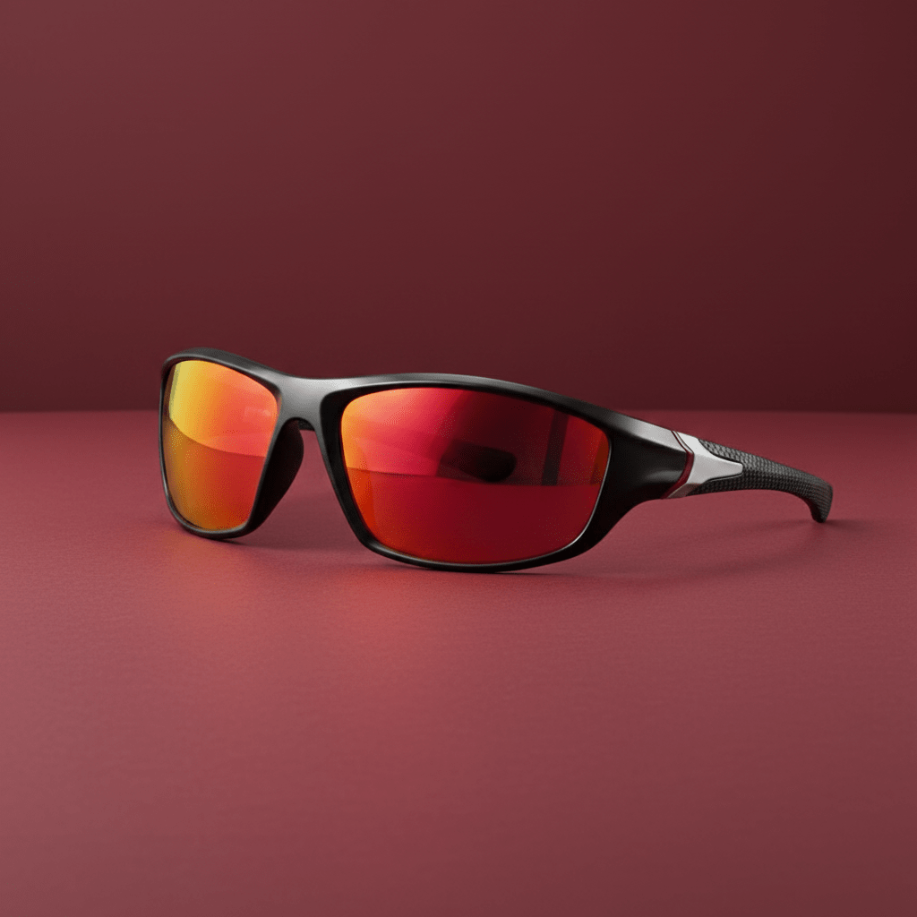 Black-Red-Brand sport sunglasses with polarized red lenses on a dark red surface