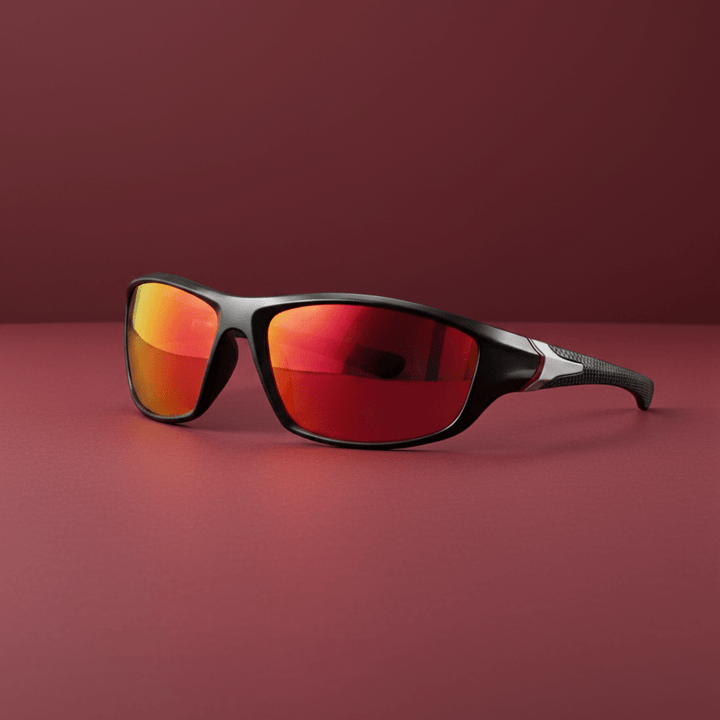 Black-Red-Brand sport sunglasses with polarized red lenses on a dark red surface