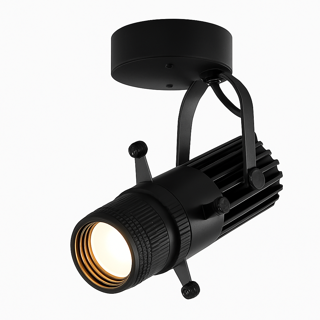 Black surface mounted adjustable beam swivel LED spotlight angled view