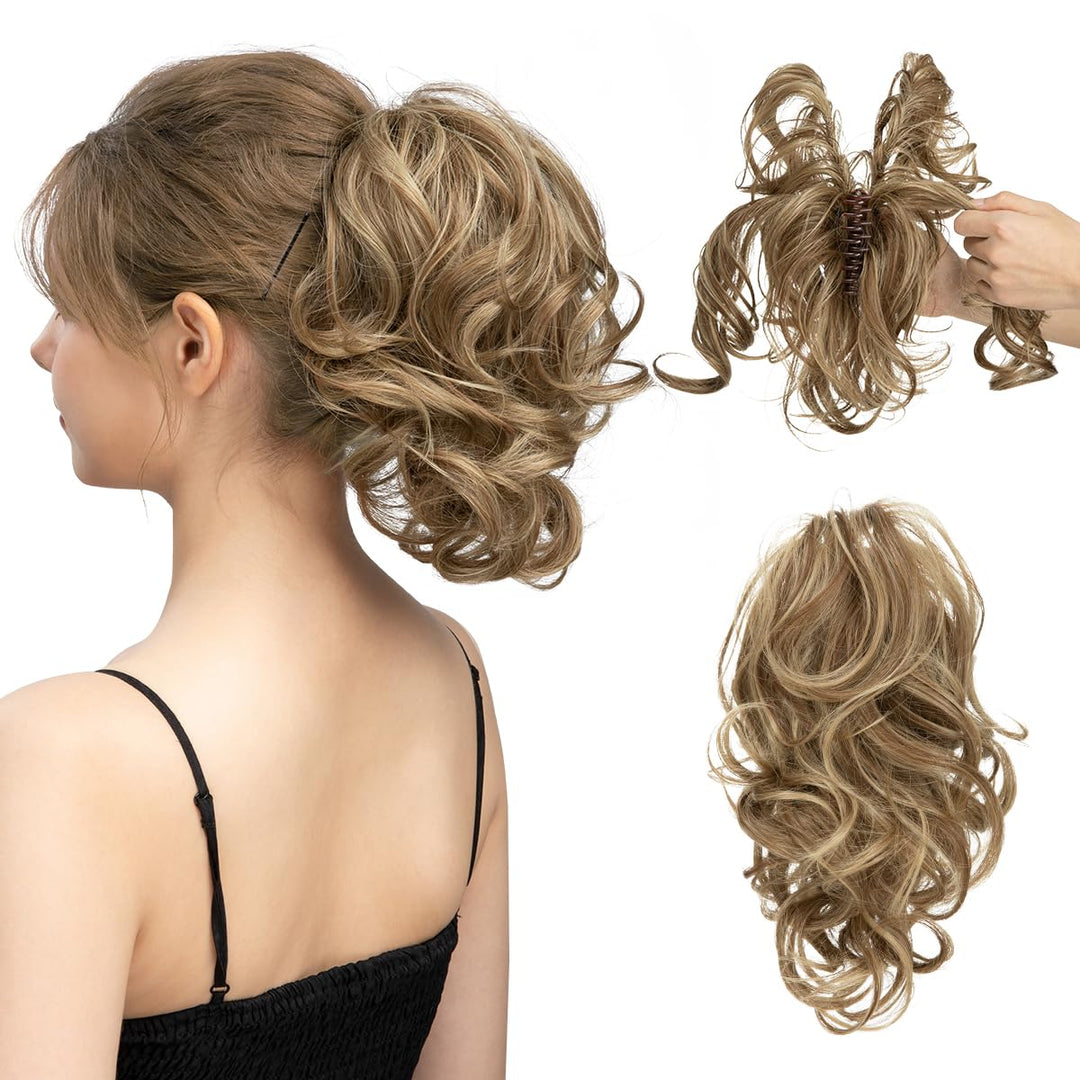 Model wearing curly blonde ponytail hair extension showing voluminous waves